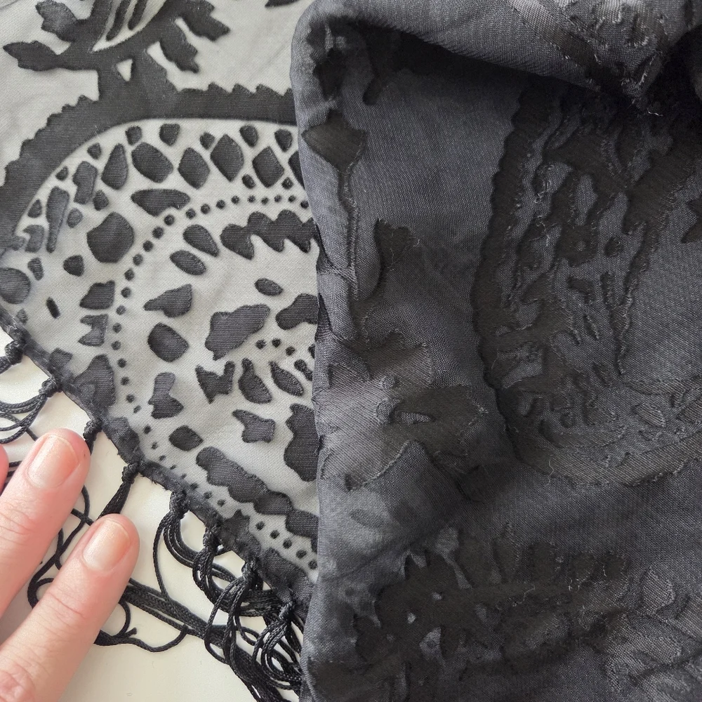 NWT Style & Co Burnout Chiffon Sheer Paisley Floral Fringed Black Scarf 20×73 In